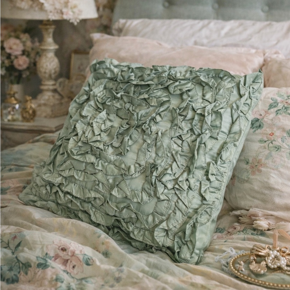 Anthropologie Ruffle Pillow Sham Cover Square Bedding Mint Green Cottage Seafoam